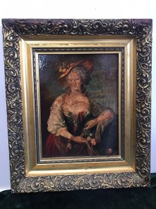 Vintage Oleograph In The Style Of Gainsborough Lady In Elaborate Gown Framed. 18th Century Lady Wearing A Large Hat And Holding Flowers Impressive Bright Colours Delightful Image With High Quality Classical Look Set In Ornate Gilt Acanthus Leaf Frame Composition- Oleograph Has Been Varnished Dimensions In Inches Height 15.5” Width 13” Frame Depth 1.5”