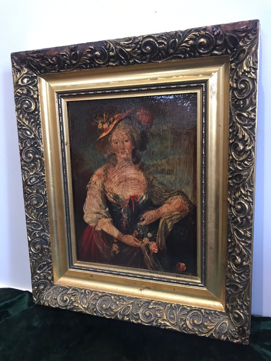 Vintage Oleograph In The Style Of Gainsborough Lady In Elaborate Gown Framed