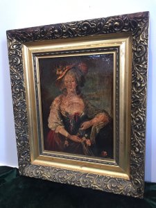 Vintage Oleograph In The Style Of Gainsborough Lady In Elaborate Gown Framed. 18th Century Lady Wearing A Large Hat And Holding Flowers Impressive Bright Colours Delightful Image With High Quality Classical Look Set In Ornate Gilt Acanthus Leaf Frame Composition- Oleograph Has Been Varnished Dimensions In Inches Height 15.5” Width 13” Frame Depth 1.5”