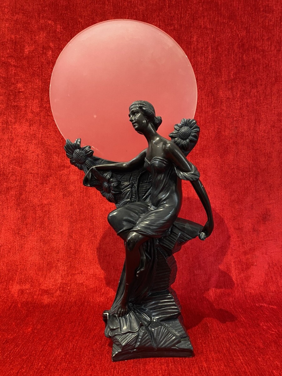 Primary image for Art Nouveau Figurative Sculpture Of Female & Sunflowers With Frosted Sphere