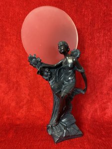 Art Nouveau Figurative Sculpture Of Young Female & Sunflowers With Frosted Sphere Backdrop Circa - 1910 Composition - Chalk Ware Colour - Bronze Effect Listing Description Iconic French Sculptural Masterpiece After Louis Beatuax, Titled - Jeune Femme Aux Tournesols ( Young Woman With Sunflowers) Depicting Posed Art Nouveau Lady Sat Upon Textural Rock Mound Decorated With Large Sunflowers. Circular Frosted Plate Sits In Indentation Behind Sculpture. Condition - Very Good Showing Genuine AGE, Signs Of Minor Knocks & Scratches , Chalk Ware Can Be Seen In Parts. Minor Signs Of Mismatched Paintwork Were Paint Has Be Previously Touched In. Glass Sphere Has Minor Scuffs/ Marks Due To Age. This Does Not Detract From Beauty Of The Sculpture. Dimensions In Cms Overall Height 37Cm Frosted Plate Diam 24.5Cm Sculpture Width 23Cm Sculpture Depth 11Cm
