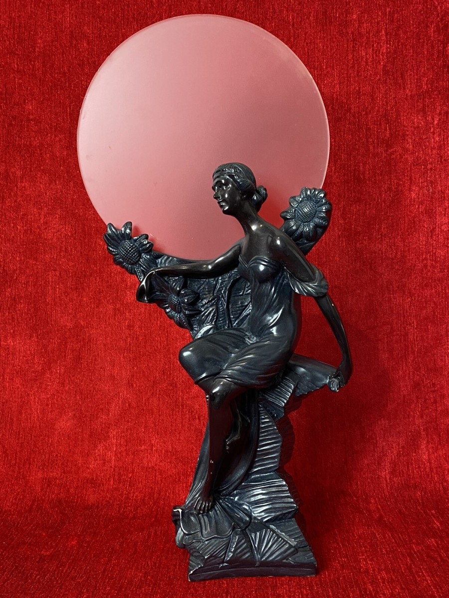 Art Nouveau Figurative Sculpture Of Female & Sunflowers With Frosted Sphere