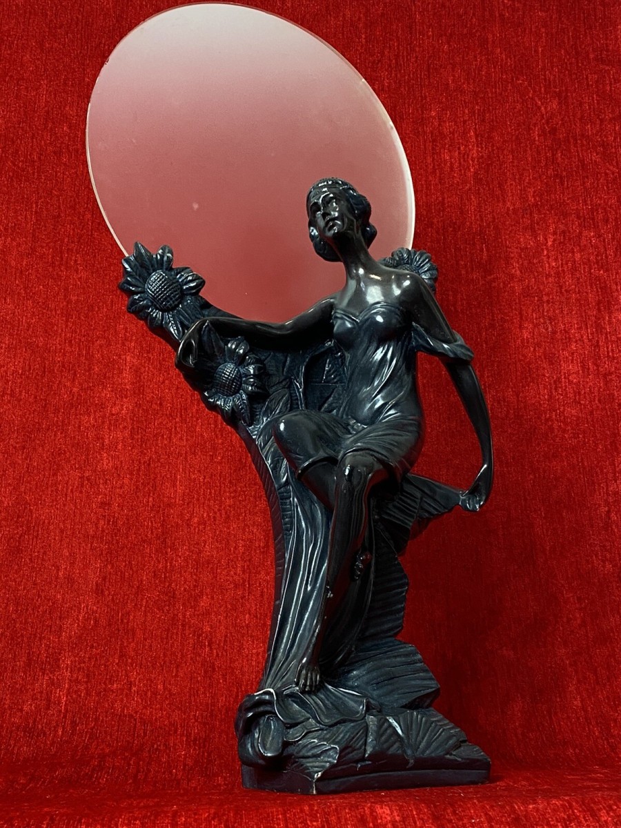 Art Nouveau Figurative Sculpture Of Female & Sunflowers With Frosted Sphere
