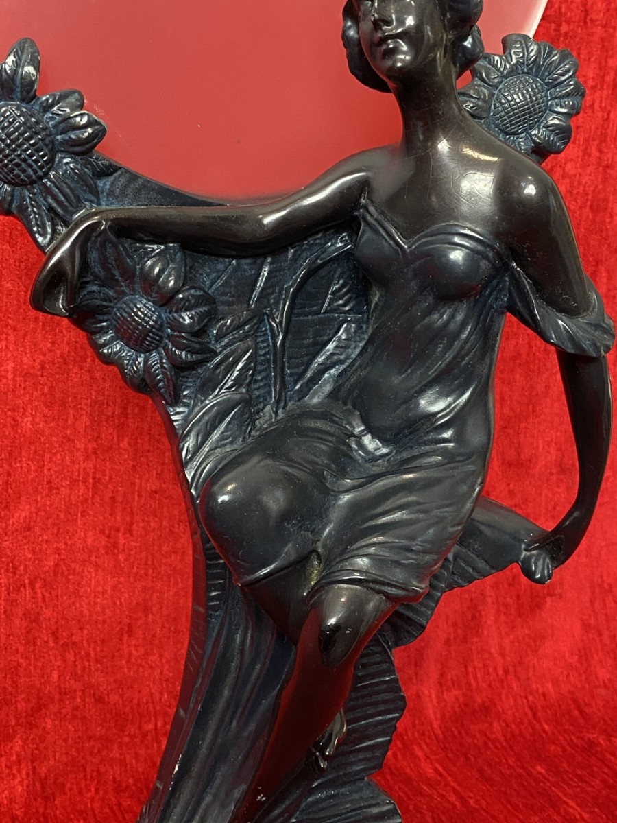 Art Nouveau Figurative Sculpture Of Female & Sunflowers With Frosted Sphere