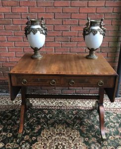 Period Fine Antique George III 1760 Red Walnut & Herringbone Inlay Sofa Table. Genuine Period Antique Craftsman Made Red Walnut Sofa Table With Herringbone Inlays And Cross Banded Edges. Satinwood Sabre Legs With Brass Knuckles And Castors On The Feet. Very Rare Sofa Table With Stunning Rich Patina In Fine Detail. Condition - Antique Used Signs Of Wear DueTo Age ~ Dated 1760 Provenance Belonged To Duke Of Athol, Isle Of Man. Purchased From The Dukes Estate In London & Was His Lordships Prized Possession. Dimensions In Inches Height Width Depth