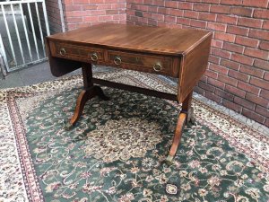 Period Fine Antique George III 1760 Red Walnut & Herringbone Inlay Sofa Table. Genuine Period Antique Craftsman Made Red Walnut Sofa Table With Herringbone Inlays And Cross Banded Edges. Satinwood Sabre Legs With Brass Knuckles And Castors On The Feet. Very Rare Sofa Table With Stunning Rich Patina In Fine Detail. Condition - Antique Used Signs Of Wear DueTo Age ~ Dated 1760 Provenance Belonged To Duke Of Athol, Isle Of Man. Purchased From The Dukes Estate In London & Was His Lordships Prized Possession. Dimensions In Inches Height Width Depth