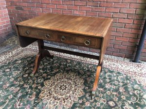 Period Fine Antique George III 1760 Red Walnut & Herringbone Inlay Sofa Table. Genuine Period Antique Craftsman Made Red Walnut Sofa Table With Herringbone Inlays And Cross Banded Edges. Satinwood Sabre Legs With Brass Knuckles And Castors On The Feet. Very Rare Sofa Table With Stunning Rich Patina In Fine Detail. Condition - Antique Used Signs Of Wear DueTo Age ~ Dated 1760 Provenance Belonged To Duke Of Athol, Isle Of Man. Purchased From The Dukes Estate In London & Was His Lordships Prized Possession. Dimensions In Inches Height Width Depth