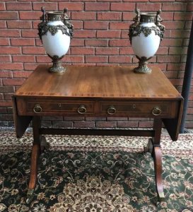 Period Fine Antique George III 1760 Red Walnut & Herringbone Inlay Sofa Table. Genuine Period Antique Craftsman Made Red Walnut Sofa Table With Herringbone Inlays And Cross Banded Edges. Satinwood Sabre Legs With Brass Knuckles And Castors On The Feet. Very Rare Sofa Table With Stunning Rich Patina In Fine Detail. Condition - Antique Used Signs Of Wear DueTo Age ~ Dated 1760 Provenance Belonged To Duke Of Athol, Isle Of Man. Purchased From The Dukes Estate In London & Was His Lordships Prized Possession. Dimensions In Inches Height Width Depth