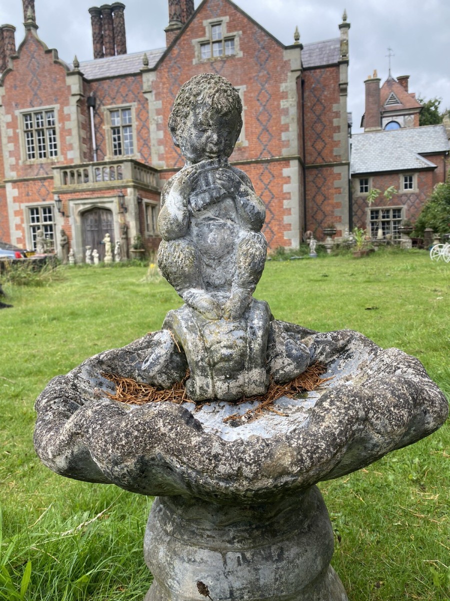 Mythological Water Feature Centrepiece Of Faun Boy Sat Upon Scalloped Bowl