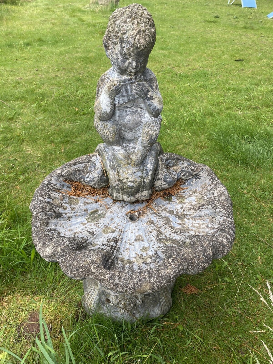 Mythological Water Feature Centrepiece Of Faun Boy Sat Upon Scalloped Bowl