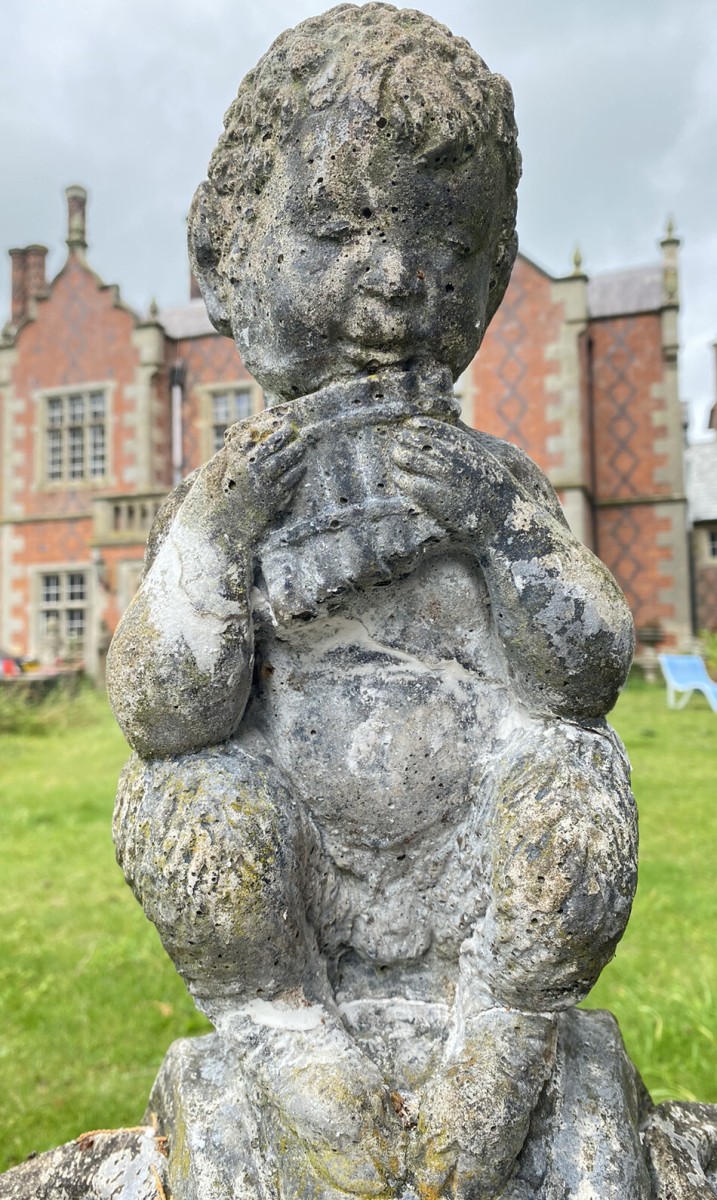 Mythological Water Feature Centrepiece Of Faun Boy Sat Upon Scalloped Bowl