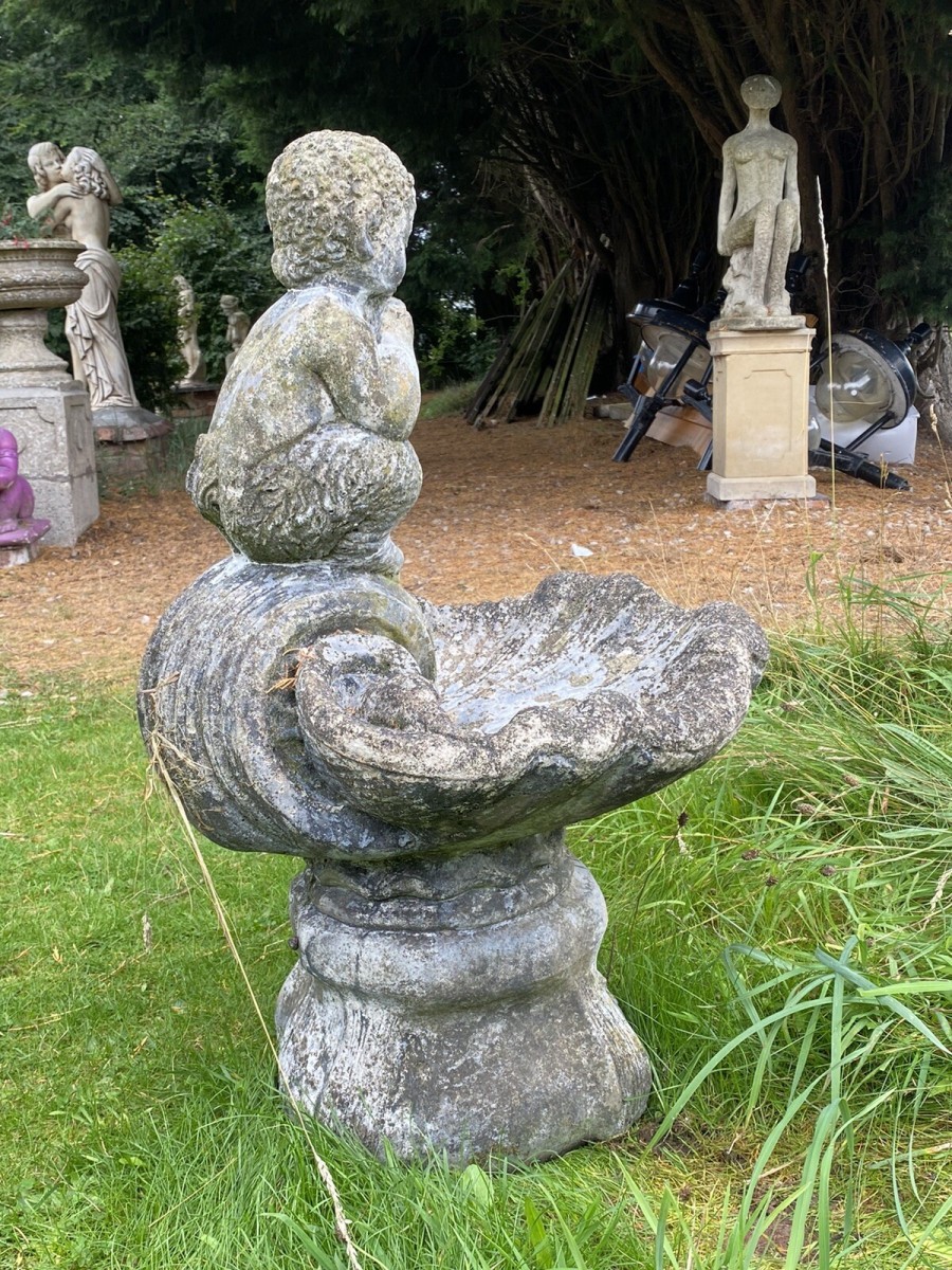 Mythological Water Feature Centrepiece Of Faun Boy Sat Upon Scalloped Bowl