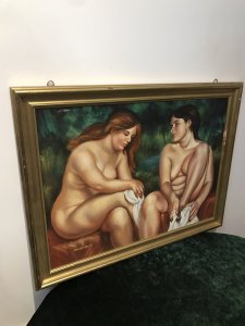 Original Painting Contemporary Nude Work Of Art By Artist Malcolm Morris Two Nude Models Sitting On A River Bank Bathing Circa 1980’s Stunning Detail And Colouration In Lovely Gilt Frame Known Artist Now Deceased Very Sought After By Collectors Dimensions In Inches Height 26.5” Width 34.5”