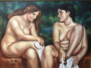 Original Painting Contemporary Nude Work Of Art By Artist Malcolm Morris Two Nude Models Sitting On A River Bank Bathing Circa 1980’s Stunning Detail And Colouration In Lovely Gilt Frame Known Artist Now Deceased Very Sought After By Collectors Dimensions In Inches Height 26.5” Width 34.5”