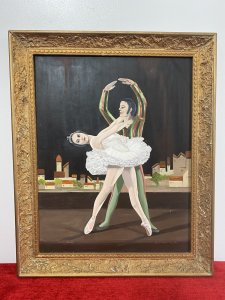 Contemporary French Don Juan Ballet Portrait Oil Painting In Gilt Frame/Signed. Circa - 1950’s Vibrant Beautifully Executed Oil Painting On Board Of A Male ‘Don Juan’ & Female Ballet Dancer Capturing Stunning Ballet Poised Movement With Modernistic Set Of Houses In The Background. Rich Hues With Fine Facial Details And Intricately Painted Costumes. A Colourful And Resplendent Painting Of The Historical Don Juan Ballet Performance First Performed In 1665. Signed By Scottish Artist Bill Monteath Set In Quality Gilt Wood Frame *Signs Of Wear On Frame* Provenance Part Of Lord Hill Museum Collection Acquired 1940 For Museum. Dimensions In Inches Height 19” Width 16” Depth 1 1/4”
