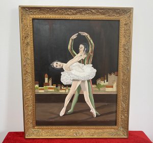 Contemporary French Don Juan Ballet Portrait Oil Painting In Gilt Frame/Signed. Circa - 1950’s Vibrant Beautifully Executed Oil Painting On Board Of A Male ‘Don Juan’ & Female Ballet Dancer Capturing Stunning Ballet Poised Movement With Modernistic Set Of Houses In The Background. Rich Hues With Fine Facial Details And Intricately Painted Costumes. A Colourful And Resplendent Painting Of The Historical Don Juan Ballet Performance First Performed In 1665. Signed By Scottish Artist Bill Monteath Set In Quality Gilt Wood Frame *Signs Of Wear On Frame* Provenance Part Of Lord Hill Museum Collection Acquired 1940 For Museum. Dimensions In Inches Height 19” Width 16” Depth 1 1/4”