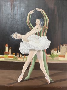 Contemporary French Don Juan Ballet Portrait Oil Painting In Gilt Frame/Signed. Circa - 1950’s Vibrant Beautifully Executed Oil Painting On Board Of A Male ‘Don Juan’ & Female Ballet Dancer Capturing Stunning Ballet Poised Movement With Modernistic Set Of Houses In The Background. Rich Hues With Fine Facial Details And Intricately Painted Costumes. A Colourful And Resplendent Painting Of The Historical Don Juan Ballet Performance First Performed In 1665. Signed By Scottish Artist Bill Monteath Set In Quality Gilt Wood Frame *Signs Of Wear On Frame* Provenance Part Of Lord Hill Museum Collection Acquired 1940 For Museum. Dimensions In Inches Height 19” Width 16” Depth 1 1/4”