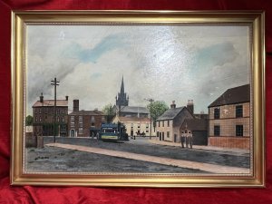 Early 20th Century Oil Painting Of Victorian Street Scene By David Norman Circa - Dated 1979 Composition - Oil On Board Listing Description Wonderfully Detailed Victorian Street Scene In Naive Painting Style. Detailed Shop Fronts, Town Houses And Country Pub With Various Modes Of Transport Including Open Top Coach Displaying Local Shop Advertisement, Horse And Trap And Lady Pushing Victorian Iron Wheeled Pram Past Thomas Turl Pub Front. Church Spire Towers Over Backdrop. Signed By Artist David Norman Dated 1979. Dimensions In Inches Height 23.5" X 32"