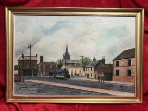 Early 20th Century Oil Painting Of Victorian Street Scene By David Norman Circa - Dated 1979 Composition - Oil On Board Listing Description Wonderfully Detailed Victorian Street Scene In Naive Painting Style. Detailed Shop Fronts, Town Houses And Country Pub With Various Modes Of Transport Including Open Top Coach Displaying Local Shop Advertisement, Horse And Trap And Lady Pushing Victorian Iron Wheeled Pram Past Thomas Turl Pub Front. Church Spire Towers Over Backdrop. Signed By Artist David Norman Dated 1979. Dimensions In Inches Height 23.5" X 32"