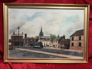 Early 20th Century Oil Painting Of Victorian Street Scene By David Norman Circa - Dated 1979 Composition - Oil On Board Listing Description Wonderfully Detailed Victorian Street Scene In Naive Painting Style. Detailed Shop Fronts, Town Houses And Country Pub With Various Modes Of Transport Including Open Top Coach Displaying Local Shop Advertisement, Horse And Trap And Lady Pushing Victorian Iron Wheeled Pram Past Thomas Turl Pub Front. Church Spire Towers Over Backdrop. Signed By Artist David Norman Dated 1979. Dimensions In Inches Height 23.5" X 32"