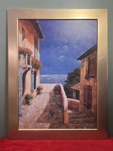 Giles Archambault 'Villa by The Sea' Acrylic Painting On Board Circa - 1980 Composition - Acrylic Paint On Artist Board Artwork Title - 'Villa By The Sea' Brief Artist History - Gilles Archambault 1947- 2011 Gilles Archambault Began His career In The Advertising Business As A Photographer/ Illustrator. With over 100 Book Covers And Illustrative designs For Kraft Gebral Foods, Readers Digest And Bristol-Myers, Archambault Changed Direction In 1979 Devoting himself Entirely To His Rapture For Painting. For Many Years Watercolour Was A passion; He Then Made An Alternation To Acrylic. In This new Medium, He Created Inspirational And Romantic European Subjects. Gilles Archanbault's Work Is Intended To Covey His Love of Sunshine, Light And his Fascination With The plays Of Shadow That Shape Existing Forms into Masses And create Their Own Distant Theme. His Artist Exhibitions Began In 1980. Listing Description Large Original Acrylic Painting By Artist Gilles Archambault. This Vibrant Artwork Showcases A Spanish Headland View Out To Sea. Stunning Architectural Scene Of Romantic Villas, With Shuttered Windows And An Abundance Of Bright Floral Baskets. Vibrant Hues Reminiscent Of Summer Getaways. Amazing Artwork For Contemporary Interior. Signed By Artist G ARCHAMBAULT (Right Lower Corner) And Set In Gilt Wood Frame. Dimensions In Inches Height 42.5" X Width 32.5"
