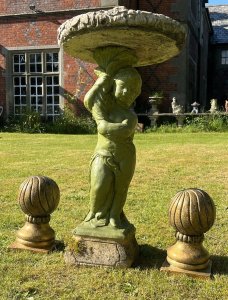 Cherub Bird Bath With Conical Mounts Circa - Vintage Composition- Reconstituted Stone Listing Description Wonderfully Ornate Victorian Style Bird Bath Comprised Of Cherub Base Pediment Holding Acanthus Leaf Decorated Bowl. Lion Head Emblem Sits Central Of Bath Bowl. Set Complete With Pair Of Gilded Conical Mounts. Perfect for adding a touch of grandeur to your garden. Dimensions In Inches Bird Bath Height 100cm x Width Top 47cm Conical Mounts Height 30cm x Base Width SQ 17cm For more information please call our museum curator on 07707 488566 Thank-you