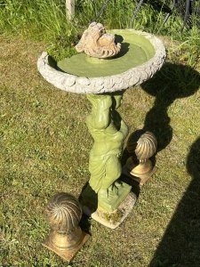 Cherub Bird Bath With Conical Mounts Circa - Vintage Composition- Reconstituted Stone Listing Description Wonderfully Ornate Victorian Style Bird Bath Comprised Of Cherub Base Pediment Holding Acanthus Leaf Decorated Bowl. Lion Head Emblem Sits Central Of Bath Bowl. Set Complete With Pair Of Gilded Conical Mounts. Perfect for adding a touch of grandeur to your garden. Dimensions In Inches Bird Bath Height 100cm x Width Top 47cm Conical Mounts Height 30cm x Base Width SQ 17cm For more information please call our museum curator on 07707 488566 Thank-you