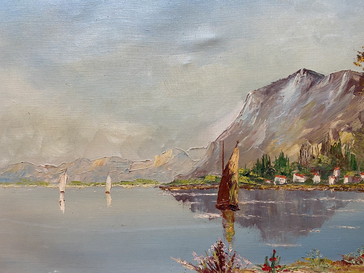 Italian Adriatic Coastal Landscape With Sail Boats Signed By Artist Monte