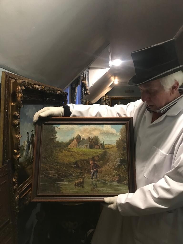 Charming Scottish School Landscape Oil Painting With Boy & Dog Companion Signed