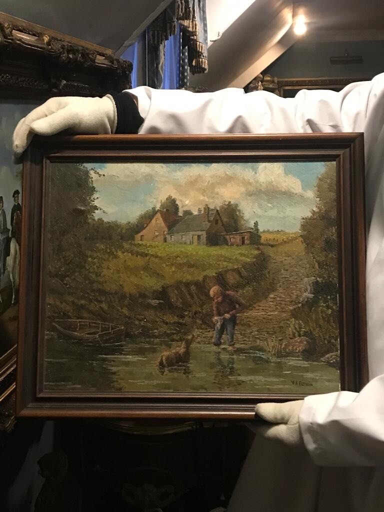 Charming Scottish School Landscape Oil Painting With Boy & Dog Companion Signed
