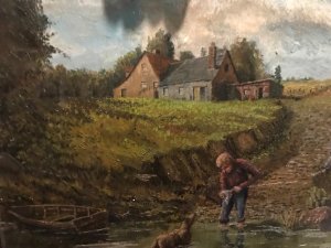 Charming Scottish School Landscape Oil Painting With Boy & Dog Companion Signed Circa - 19th Century Composition - Oil On Canvas Artwork Title - 'A Dilly Dally In The River Ayr' Listing Description Wonderful Example Of A Scottish School Painting Of Impressionist Country Landscape Scene. Charming Artwork Depicting Young Boy Standing In The River With Dog Companion. Intricate Details Including Wooden Fishing Boat, Water Reflection And Fabulous Perspective With Pebble Track Leading Up To Large Farm House In The Distance. Summer Display Of Flora And Forna With Fields Growing Hay And Bright Skies. Exceptional Use Of Naturalistic Earth Hues In Textural Oil Paint. Signed By Accomplished Artist (Right Hand Corner) E A BENAIN And Set In Original Oak Frame. Quality Artwork For Country Home Wall Display. For More Pictures/Information Please Call 07376618513 Dimensions In Inches Height 19" Width 23"