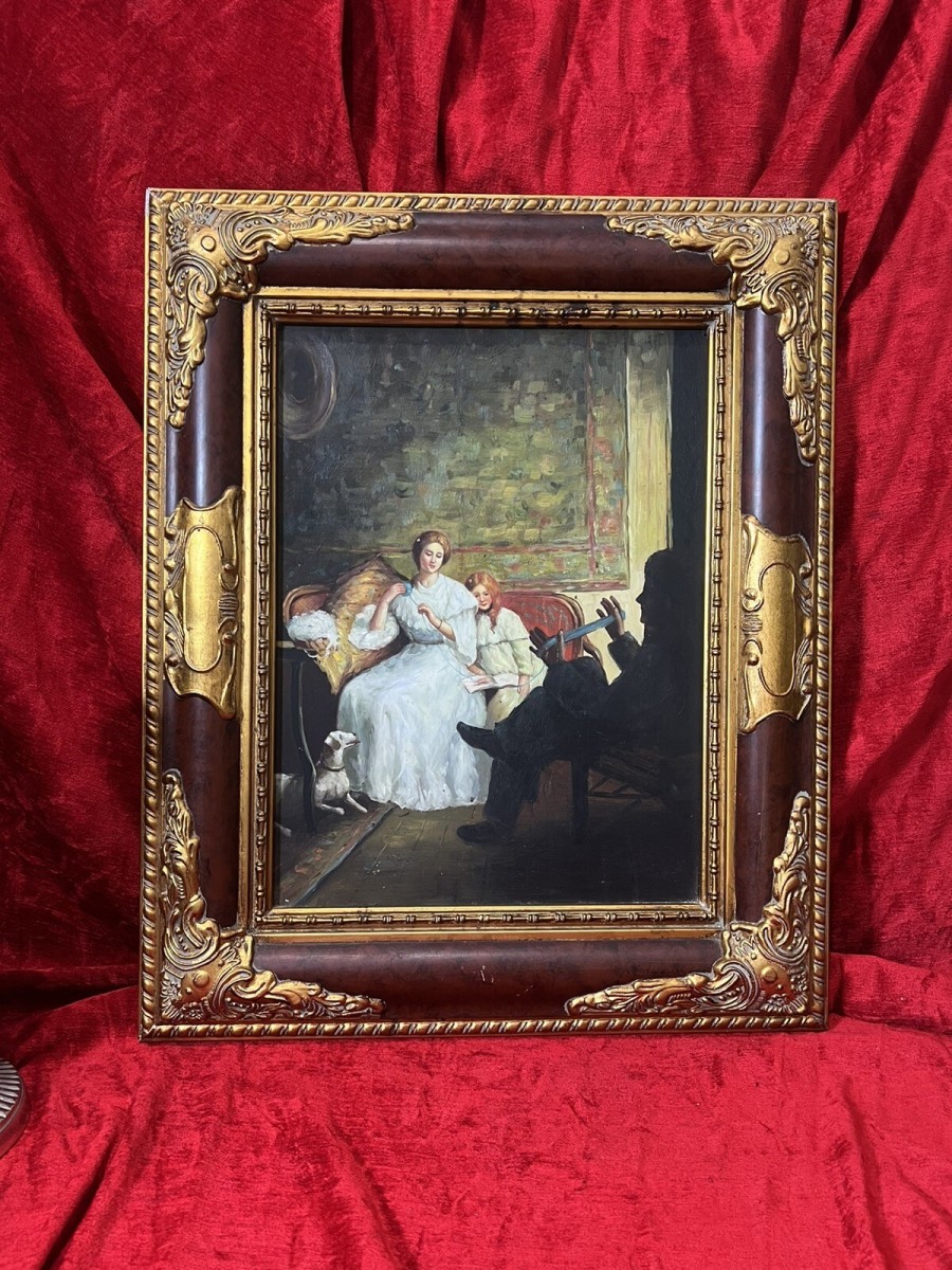 Primary image for 20th Century Victorian Family Interior Scene Of 'winding Wool' Oil Painting