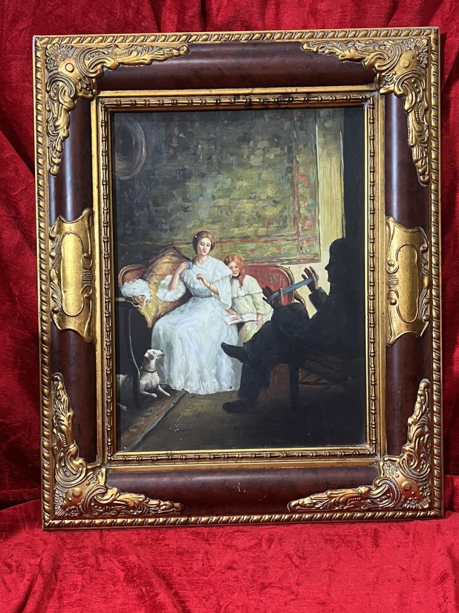 20th Century Victorian Family Interior Scene Of 'winding Wool' Oil Painting