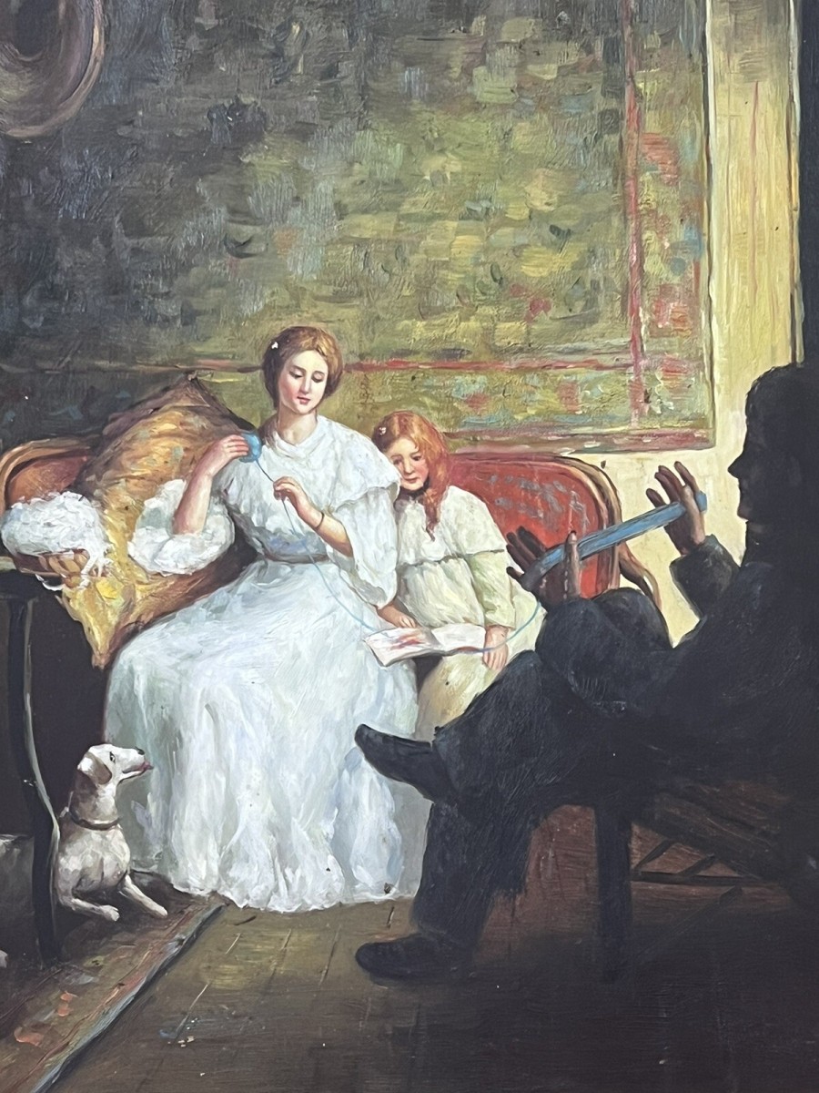 20th Century Victorian Family Interior Scene Of 'winding Wool' Oil Painting