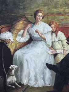 20th Century Fine Art Victorian Wool Winding Interior Scene Circa - 1920 Composition - Oil On Board Listing Description Feminine Artwork Of Wool Winding Scene Set In Victorian Era. Mother And Daughter Sit Upon Balloon Back Lounge Chair, A Male?Father Figure Sits In Shadowed Silhouette Facing Them. The Lady Gracefully Winds The Wool From Gentleman Holding Looped Yarns Into A Neat Ball, Whilst The Dog Looks To Pounce. The Young Female Sits Gazing Down At A Book. Stunning Scene Set In Beautiful Interior, Both Female Figures Eliminated From Day Lit Window. A Fabulous Collectors Artwork Set Inside Ornate Tortoise Shell Style Frame. Unsigned. Dimensions In Cms Height 56cm X Width 46.5cm