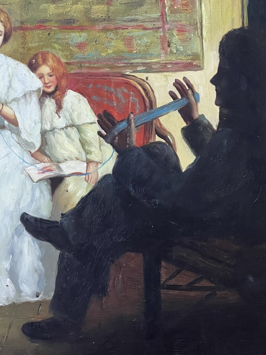 20th Century Victorian Family Interior Scene Of 'winding Wool' Oil Painting