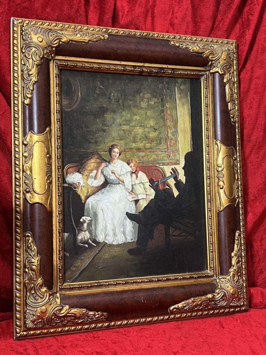 20th Century Victorian Family Interior Scene Of 'winding Wool' Oil Painting