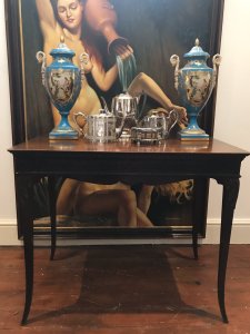 Rare Plum Mahogany Period Antique Chippendale Revival Circa 1890 Silver Table. Rectangular Shaped Table With Museum Quality Dentil Cornice Freeze With Greek Patternation And Chamfered Acanthus Leaf Carving On The Corners. Sweeping Elegant Legs With Antelope Shaped Sabre Feet Stunning Plum Grain Colouration Genuine Antique Silver Table Originally Used By The Butler To Display Silver In Stately Homes During The 19th Century Antique Silver Table Crafted By Renowned Cabinet Maker Condition- Stunning Original Used Antique Provenance Part Of Large Collection From A Stately Home In Shropshire Purchased By Lord Hill Museum Dimensions In Inches Height 29.5” Width 36” Depth 22”