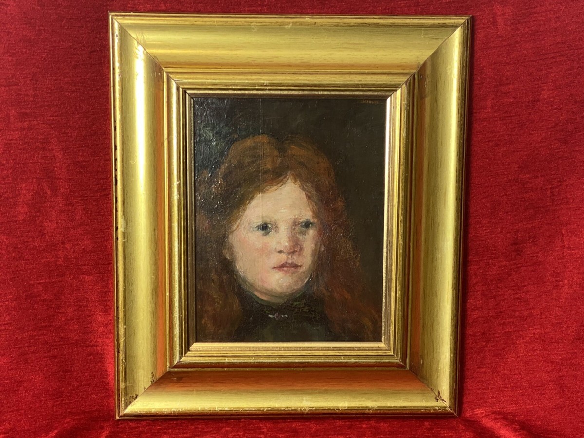 20c Late Regency Girl Titled ‘the Green Ribbon’ Oil Painting On Board Unsigned