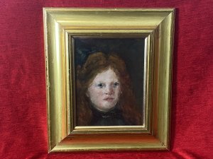 Late Regency Girl Titled ‘The Green Ribbon’ Oil Painting On Board Unsigned. Circa - Vintage 20th Century Medium - Oil On Board A Portrait Of A Young Auburn Haired Regency Girl With Dark Green Hair Ribbon Tied In A Bow. Wearing Dark Clothing With Delicate Ruby Necklace. Mesmerising Beautifully Painted Oil Composition With Fine Facial Detail On Board. Unsigned By Artist. Stunning Quality Artwork Great Investment. Set In Water Gilt Frame With Pencil Inscription On the Reverse ‘The Green Ribbon’. Dimensions In Inches Frame Height 15.5” X Width 13” Portrait Height 9.5” X Width 7.5”