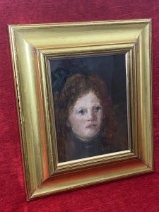 Late Regency Girl Titled ‘The Green Ribbon’ Oil Painting On Board Unsigned. Circa - Vintage 20th Century Medium - Oil On Board A Portrait Of A Young Auburn Haired Regency Girl With Dark Green Hair Ribbon Tied In A Bow. Wearing Dark Clothing With Delicate Ruby Necklace. Mesmerising Beautifully Painted Oil Composition With Fine Facial Detail On Board. Unsigned By Artist. Stunning Quality Artwork Great Investment. Set In Water Gilt Frame With Pencil Inscription On the Reverse ‘The Green Ribbon’. Dimensions In Inches Frame Height 15.5” X Width 13” Portrait Height 9.5” X Width 7.5”