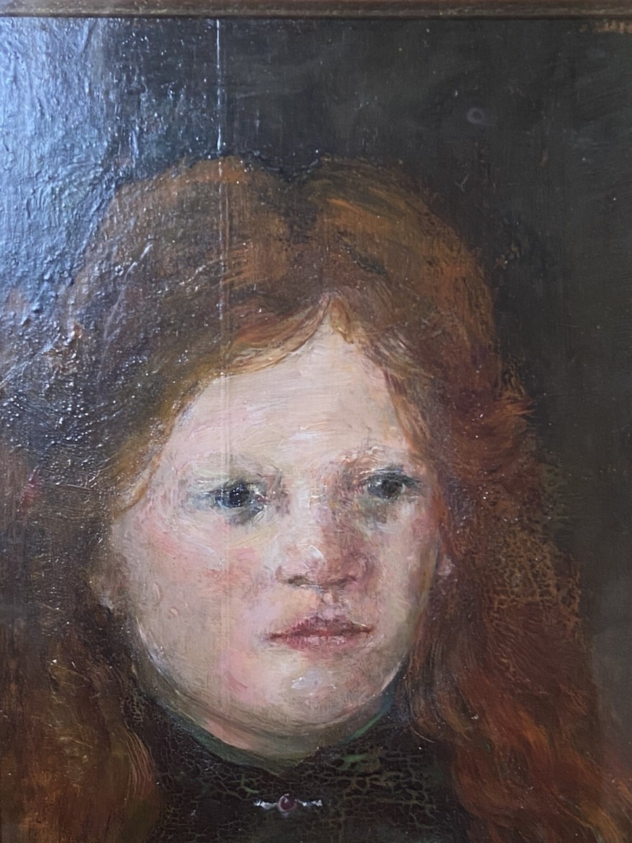 20c Late Regency Girl Titled ‘the Green Ribbon’ Oil Painting On Board Unsigned