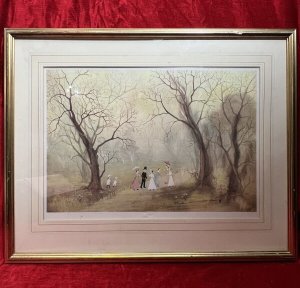 British Artist Helen Bradley 1900-1979 Guild Stamped Lithograph Signed Circa - 1973 Composition - Ink On Vellum Brief Artist Overview Born In Leeds, Oldham in 1900. Helen only began to paint regularly when she was 65, her motivation was to show her grandchildren how different her own childhood had been growing up in the Edwardian Era. She was heavily influenced by L S LOWRY when encouraged in a chance meeting in the 1960's. Helen's artwork quickly found a enthusiastic audience, from her debut in 1965 until her death in 1979 she appeared on TV internationally. She worked first by writing a short story based on her childhood memories, then illustrating it in her simplistic nïave style. Helen's earliest work often features herself and her brother as children, her later work had a surreal dreamlike quality. in 1971 she published the first of four books (And Miss Carter Wore Pink) of her paintings which became a huge success, published across America, Japan And Europe then demand for her work became strong globally. Listing Description Wonderful Dreamy Pastel Coloured Lithograph Of A Edwardian Countryside Walk Scene, With Figures Dressed Of The Period. Great Perspective With Avenue Of Autumnal Trees With Bare Branches, And Sprays Of Dainty Flowers. Stunning Artwork By Renowned British Artist Helen Bradley (1900-1979). Artwork Set In Glazed Gilt Frame With Fine Art Trade Guild Stamp HCA Equating To Lithograph Numbered 621. Dimensions In Cms Height 61.5cm X Width 77cm For Further Information Please Call Our Curator Leslie On 07707 488566 Thank-you.