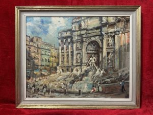 Mid Century Italian Impressionist Landmark Trevi Fountain By Carlo Antonio Montesi Circa - 1950 Composition - Oil On Canvas Listing Description Brief Artist History Carlo Antonio Montesi Born In 1920 In Milan. He Studied At The Academies Of Arts In Florence, Rome & Academic Moderne, Paris. Montesi Studied The Old Masters Of The 17th Century, Particularly The Great Dutch Masters Such As Kalff, Van Heem, Van Delft. Montesi Exhibited At Venicem Florence And Rome. Impressionistic Frontal View Of The Baroque Masterpiece 'Fountain De Trevi' In The Piazzi di Trevi, Rome. Artwork Depicting The Grandeur Of The Fountain With Onlookers. Wonderful Striking Artwork In Pastel Colour Palette. Signed By Listed Artist Carlo Antonio Montesi (Left Bottom Corner) Set In Gilt Wood Frame. Dimensions in Cms Height 46.5cm X Width 47.5cm For Further Information Please Call Our Museum Curator On 07707 488 566 Thank-you