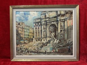 Mid Century Italian Impressionist Landmark Trevi Fountain By Carlo Antonio Montesi Circa - 1950 Composition - Oil On Canvas Listing Description Brief Artist History Carlo Antonio Montesi Born In 1920 In Milan. He Studied At The Academies Of Arts In Florence, Rome & Academic Moderne, Paris. Montesi Studied The Old Masters Of The 17th Century, Particularly The Great Dutch Masters Such As Kalff, Van Heem, Van Delft. Montesi Exhibited At Venicem Florence And Rome. Impressionistic Frontal View Of The Baroque Masterpiece 'Fountain De Trevi' In The Piazzi di Trevi, Rome. Artwork Depicting The Grandeur Of The Fountain With Onlookers. Wonderful Striking Artwork In Pastel Colour Palette. Signed By Listed Artist Carlo Antonio Montesi (Left Bottom Corner) Set In Gilt Wood Frame. Dimensions in Cms Height 46.5cm X Width 47.5cm For Further Information Please Call Our Museum Curator On 07707 488 566 Thank-you