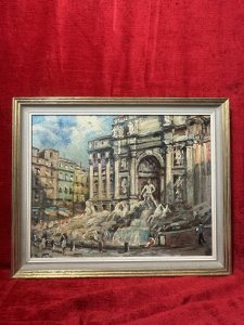 Mid Century Italian Impressionist Landmark Trevi Fountain By Carlo Antonio Montesi Circa - 1950 Composition - Oil On Canvas Listing Description Brief Artist History Carlo Antonio Montesi Born In 1920 In Milan. He Studied At The Academies Of Arts In Florence, Rome & Academic Moderne, Paris. Montesi Studied The Old Masters Of The 17th Century, Particularly The Great Dutch Masters Such As Kalff, Van Heem, Van Delft. Montesi Exhibited At Venicem Florence And Rome. Impressionistic Frontal View Of The Baroque Masterpiece 'Fountain De Trevi' In The Piazzi di Trevi, Rome. Artwork Depicting The Grandeur Of The Fountain With Onlookers. Wonderful Striking Artwork In Pastel Colour Palette. Signed By Listed Artist Carlo Antonio Montesi (Left Bottom Corner) Set In Gilt Wood Frame. Dimensions in Cms Height 46.5cm X Width 47.5cm For Further Information Please Call Our Museum Curator On 07707 488 566 Thank-you