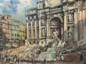 Mid Century Italian Impressionist Landmark Trevi Fountain By Carlo Antonio Montesi Circa - 1950 Composition - Oil On Canvas Listing Description Brief Artist History Carlo Antonio Montesi Born In 1920 In Milan. He Studied At The Academies Of Arts In Florence, Rome & Academic Moderne, Paris. Montesi Studied The Old Masters Of The 17th Century, Particularly The Great Dutch Masters Such As Kalff, Van Heem, Van Delft. Montesi Exhibited At Venicem Florence And Rome. Impressionistic Frontal View Of The Baroque Masterpiece 'Fountain De Trevi' In The Piazzi di Trevi, Rome. Artwork Depicting The Grandeur Of The Fountain With Onlookers. Wonderful Striking Artwork In Pastel Colour Palette. Signed By Listed Artist Carlo Antonio Montesi (Left Bottom Corner) Set In Gilt Wood Frame. Dimensions in Cms Height 46.5cm X Width 47.5cm For Further Information Please Call Our Museum Curator On 07707 488 566 Thank-you