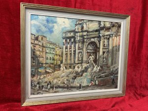 Mid Century Italian Impressionist Landmark Trevi Fountain By Carlo Antonio Montesi Circa - 1950 Composition - Oil On Canvas Listing Description Brief Artist History Carlo Antonio Montesi Born In 1920 In Milan. He Studied At The Academies Of Arts In Florence, Rome & Academic Moderne, Paris. Montesi Studied The Old Masters Of The 17th Century, Particularly The Great Dutch Masters Such As Kalff, Van Heem, Van Delft. Montesi Exhibited At Venicem Florence And Rome. Impressionistic Frontal View Of The Baroque Masterpiece 'Fountain De Trevi' In The Piazzi di Trevi, Rome. Artwork Depicting The Grandeur Of The Fountain With Onlookers. Wonderful Striking Artwork In Pastel Colour Palette. Signed By Listed Artist Carlo Antonio Montesi (Left Bottom Corner) Set In Gilt Wood Frame. Dimensions in Cms Height 46.5cm X Width 47.5cm For Further Information Please Call Our Museum Curator On 07707 488 566 Thank-you