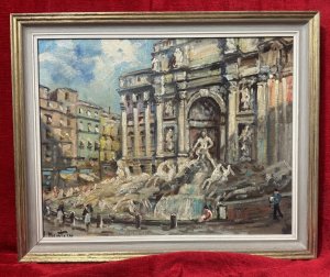 Mid Century Italian Impressionist Landmark Trevi Fountain By Carlo Antonio Montesi Circa - 1950 Composition - Oil On Canvas Listing Description Brief Artist History Carlo Antonio Montesi Born In 1920 In Milan. He Studied At The Academies Of Arts In Florence, Rome & Academic Moderne, Paris. Montesi Studied The Old Masters Of The 17th Century, Particularly The Great Dutch Masters Such As Kalff, Van Heem, Van Delft. Montesi Exhibited At Venicem Florence And Rome. Impressionistic Frontal View Of The Baroque Masterpiece 'Fountain De Trevi' In The Piazzi di Trevi, Rome. Artwork Depicting The Grandeur Of The Fountain With Onlookers. Wonderful Striking Artwork In Pastel Colour Palette. Signed By Listed Artist Carlo Antonio Montesi (Left Bottom Corner) Set In Gilt Wood Frame. Dimensions in Cms Height 46.5cm X Width 47.5cm For Further Information Please Call Our Museum Curator On 07707 488 566 Thank-you