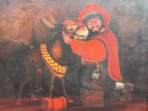 20th Century Fine Art Martin Trainer Oil Painting Of Matador With Mule Circa - 20th Century Composition - Oil On Board Listing Description Charming Stylised Artwork Of Matador And Mule By Known Artist MARTIN TRAINER. The Central Focal Point of The Painting Depicts A Smiling Matador Wearing Red Hat And Cape. Kneels On Wooden Step Adjusting His Mules Bridal. A Bottle of Liquor Hangs From His Waist Belt. Happy Mule In Riding Tack With Checkered Band Stands Next To His Owner. Eary Backdrop With Auburn Moon Illuminating Buildings In Dark Silhouette. Fine Quality Artwork Painted On Board And Set In Glazed Wood Frame. Dimensions In Inches Height 21" X Width 26"
